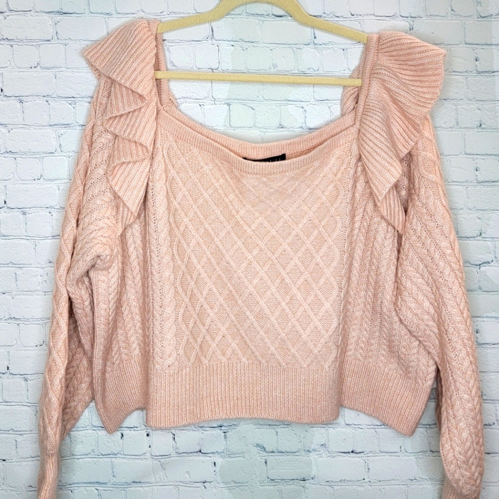 NWT Eloquii Shell Pink Square-Neck Cropped Ruffle Sweater